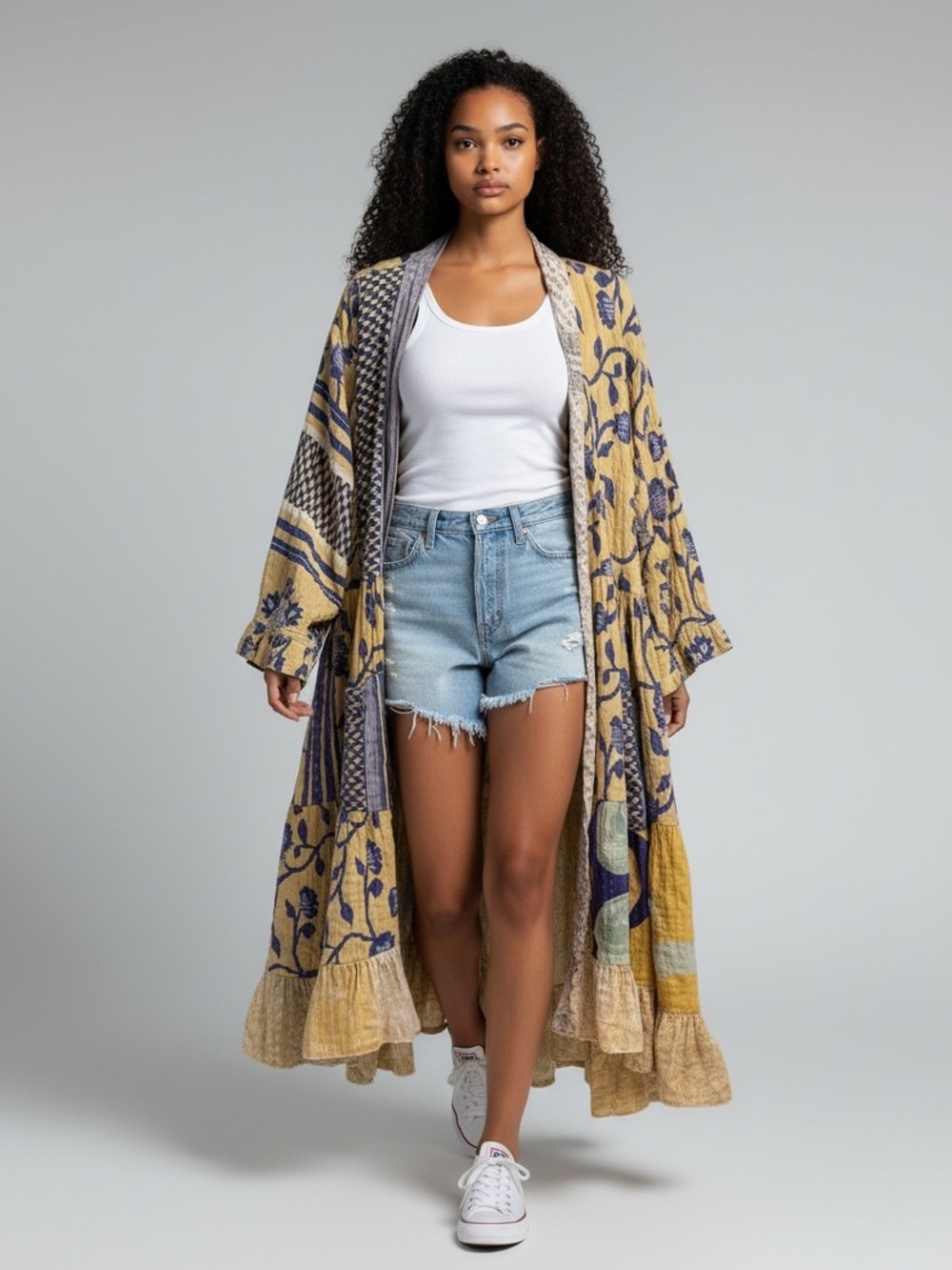Bohemian Floral Maxi Duster Jacket in Mustard and Navy